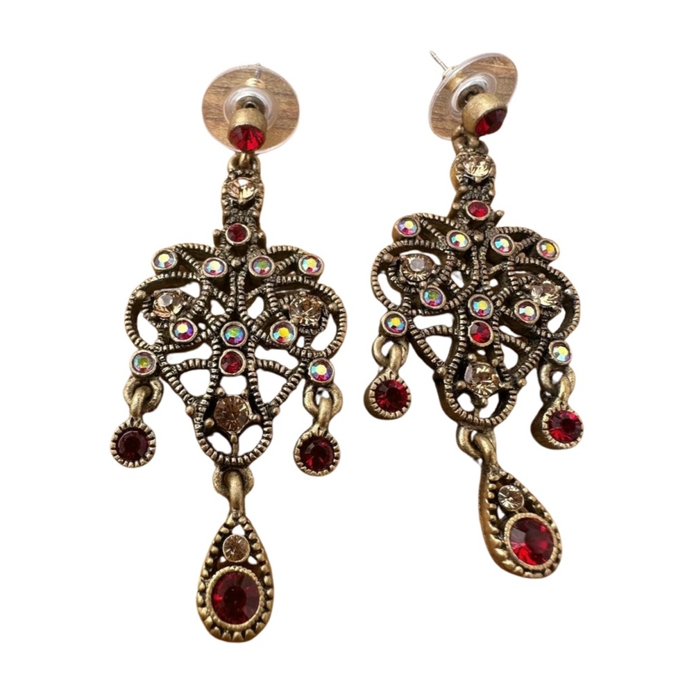 Red and Crystal Chandelier Drop Earrings – Vintage Statement Rhinestone Jewelry
